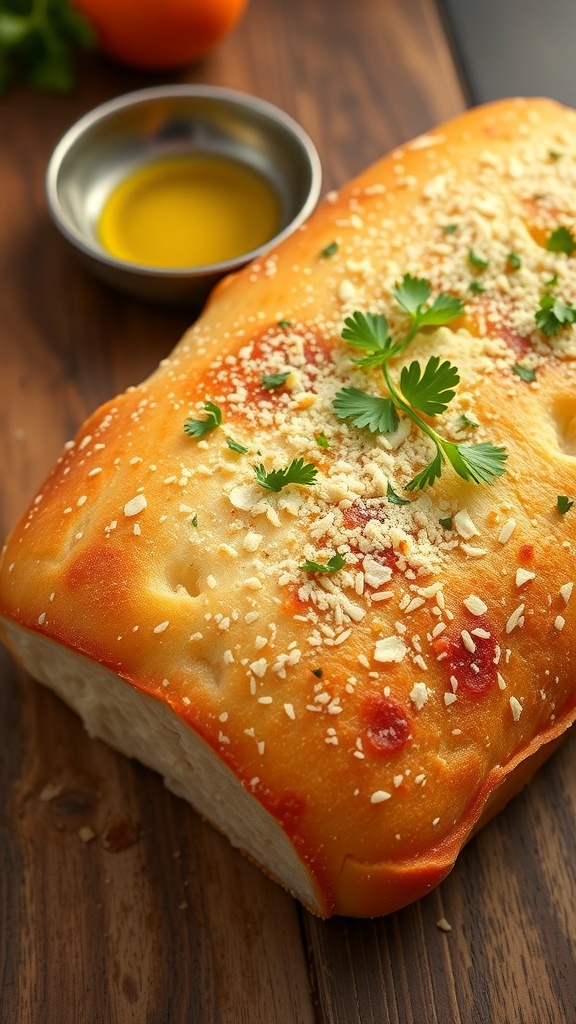 Easy 2-Ingredient Garlic Bread Recipe A golden loaf of garlic bread topped with garlic powder and parsley on a wooden table with olive oil.